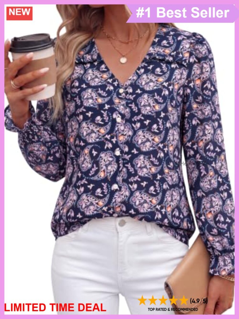 PRETTYGARDEN Women's Long Sleeve Floral Button-Down Blouse V-Neck Casual
